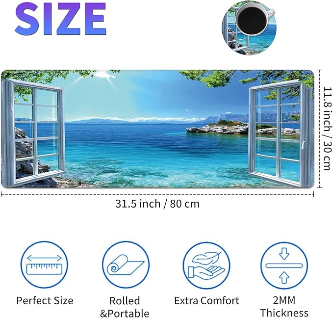 Large Mouse Pad, Desk Mat, XL Gaming Keyboard Mat, Non-Slip Rubber Base, Full Extended Mousepad for Gaming Office Home, 31.5 X 11.8 Inch, Seaside Scene