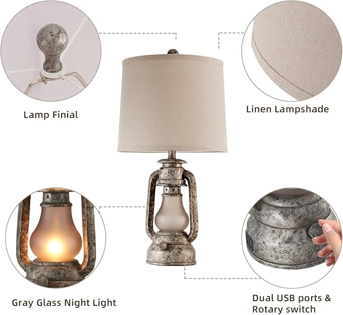 Farmhouse Rustic Table Lamps for Living Room Set of 2, Vintage Lantern Table Lamp with Dual USB Ports, Retro Nightstand Lamp for Bedroom Bedside, 4 Bulbs Included (Iron Gray)