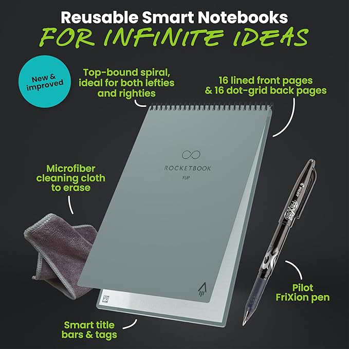 Rocketbook Flip - with 1 Pilot Frixion Pen & 1 Microfiber Cloth Included - Gray Cover, Letter Size (8.5" x 11")