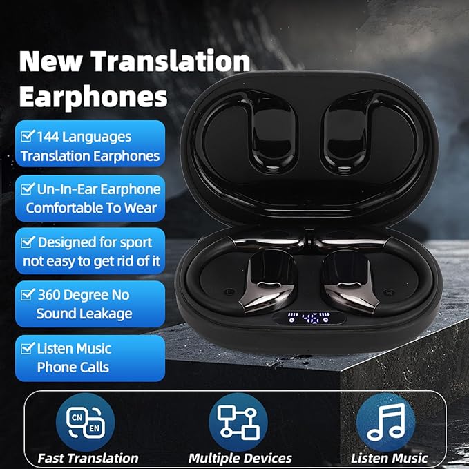 M75 TWS Bluetooth Translation Earphones, 3 Modes On Ear Translator Earphone in Real Time, ANC Technology, for Travel Business International Students (Black)