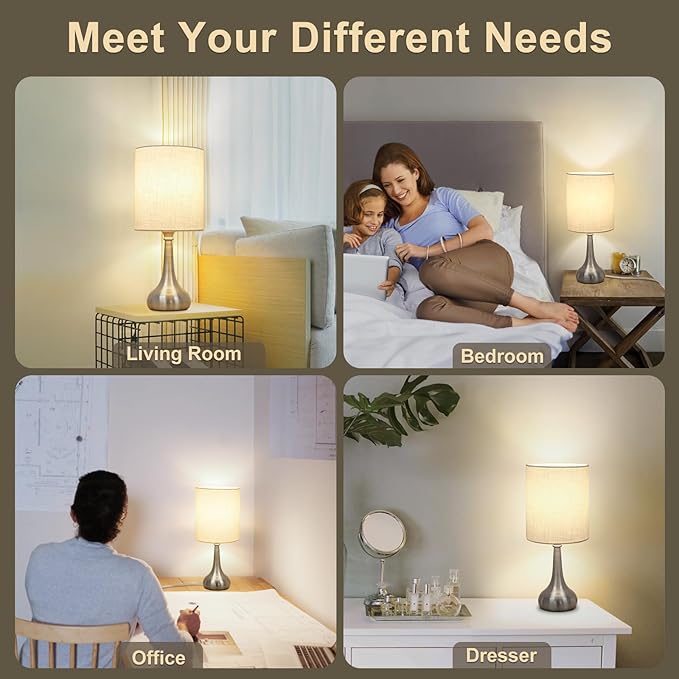 Touch Control Table Lamp, 3 Way Dimmable Simple Night Light Lamp with White Lampshade Silver Metal Base, Small Bedside Table Lamp for Bedroom, Office, Dorm, A19 9W 3000K Bulb Included