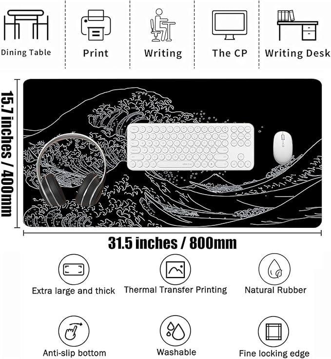 Japanese Kanagawa Sea Wave Large Gaming Mouse Pad Black XXL Keyboard Pad, Mouse Mat, Desk Pad, Non-Slip Rubber Base & Stitched Edges - Extended Mousepad for PC/Laptop/Office/Home Decor 31.5"x15.7"