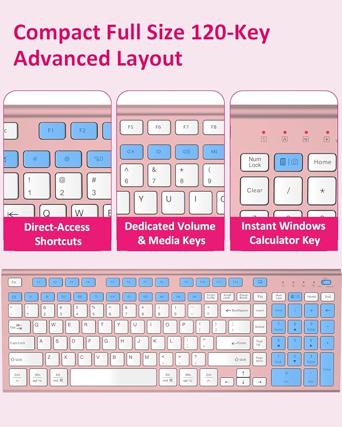 FENIFOX Wireless Silent Keyboard, Ultra Quiet USB C Low Profile Compact Full Size with Number Pad Flat Slim Thin Soft Touch for Mac Computer MacBook iMac PC Laptop Desktop Office (Pink Rose Gold)