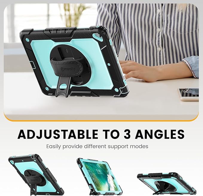 Timecity Case for iPad 6th/5th Generatio 9.7 Inch 2018/2017 with Rotating Stand/Strap, Full-Body Silicone+PC Protective Case for iPad 5th/6th Gen/Air 2/ Pro 9.7 - SkyBlue