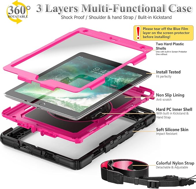 SEYMAC stock Case for iPad 6th / 5th Generation Case/Air 2 / Pro 9.7 inch, Heavy Duty Protective with Screen Protector, with Pencil Holder, Hand Strap, Shoulder Strap, 360 Rotate Stand, Pink+Black