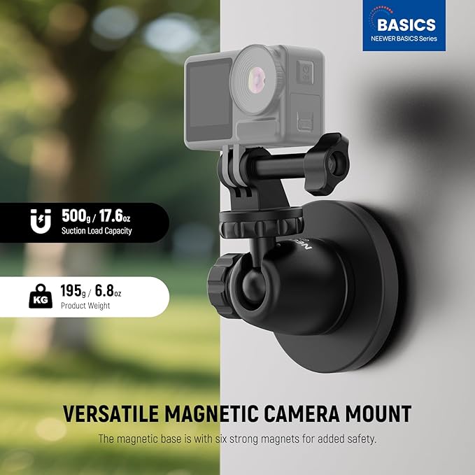 NEEWER Basics Magnetic Camera Mount for Action Camera Compatible with GoPro Insta360 DJI AKASO Accessories, Strong Magnet 360° Ball Head Mount for Car Video Recording Live Streaming, GP-101