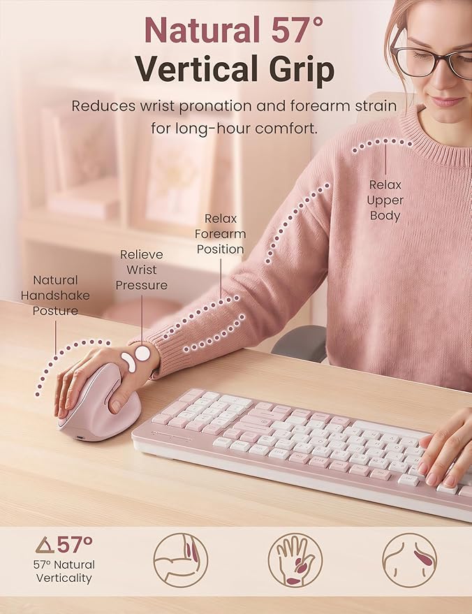 Ergonomic Vertical Wireless Mouse, 57° Natural Handshake for Wrist Pain Relief, Rechargeable 2.4G USB Computer Mouse, Quiet Click, 800/1200/1600 DPI, for Laptop PC Mac, Small/Medium Hands (Pink)