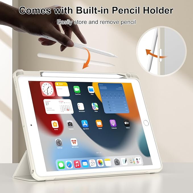 JKSML Case for iPad 9th/8th/7th Generation 10.2 Inch, Case with Pencil Holder for iPad 9/8/7 2021/2020/2019, Hard Back Cover, Auto Wake/Sleep, Cream White