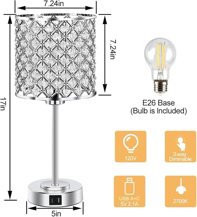 Crystal Table Bedside Lamp Touch Control, Dimmable Small Nightstand Lamp Set of 2 with USB-C+A Charging Ports, Decorative Silver Tabletop Lamp for Bedroom Living Room Guest Room, Bulbs Included
