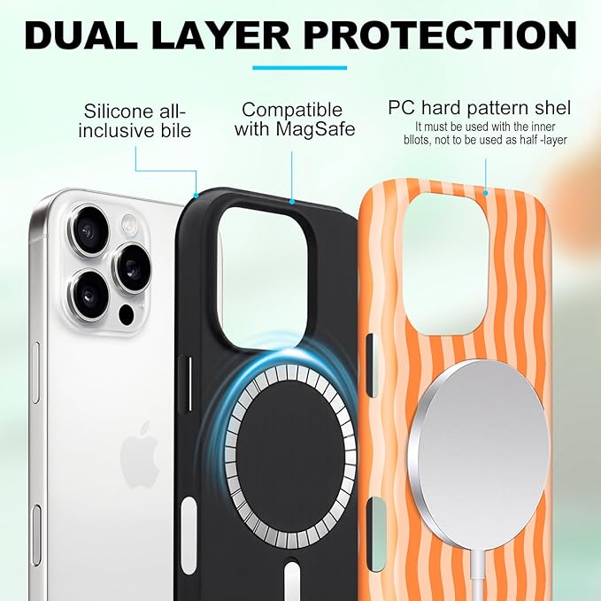 Magnetic for iPhone 15 Pro Max Case Cute Wavy Stripes Phone Case, Shockproof Slim TPU and Hard PC Protective Phone Cover Compatible with MagSafe Designed for Women Girls, Orange