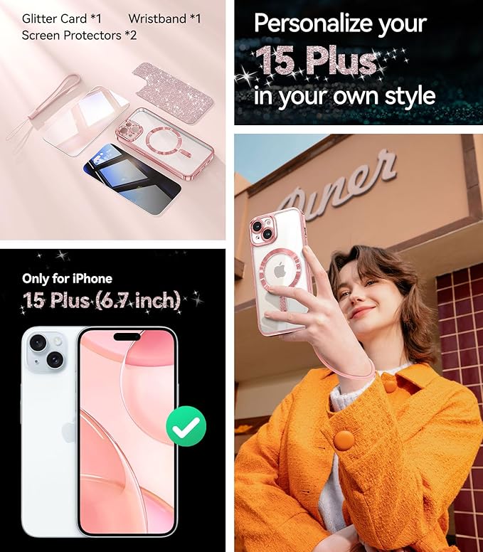 Meifigno Magnetic Case for iPhone 15 Plus 6.7’’, [Compatible with MagSafe] [1X HD+1X Privacy Screen Protectors] [Glitter Card & Wrist Strap] Surround Lens Protection for iPhone 15 Plus Case, Rose Gold