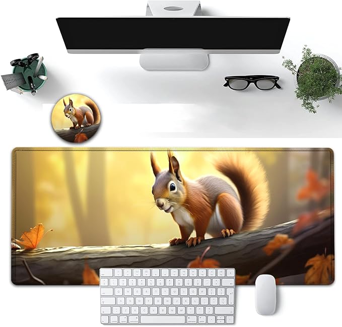 Large Mouse Pad, 31.5 x 11.8in Extended Gaming Mouse Pad with Stitched Edges, XXL Mousepad Protector Non Slip Rubber Base for Office & Home Writing Mat, Animals Cute Squirrel Nature Pattern Desk Mat
