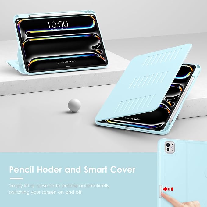 VIKESI Case for iPad Pro 11 inch (M5/M4) 2025/2024,Multiple Angles Stand Cover,Soft Back,Pencil Holder,and Auto Sleep/Wake,Ice Blue