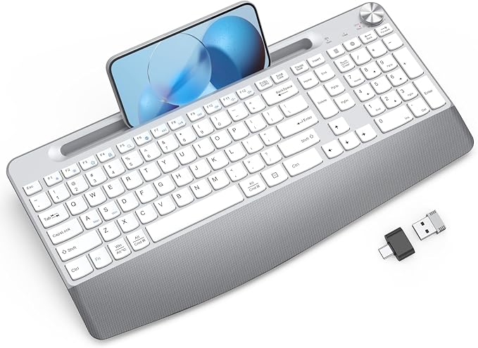 GAMCATZ Ergonomic Wireless Keyboard with Wrist Rest-Low-Profile,Phone/Tablet Holder,Quiet Design，Windows & Mac OS，Full Size Cordless USB Computer Keyboard for Desktop,Laptop, PC, Mac, Windows-White