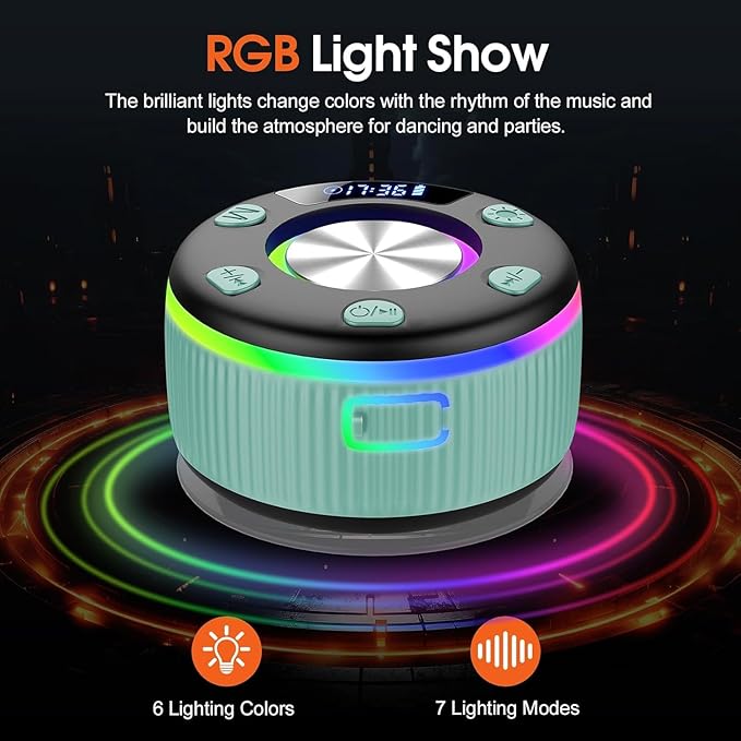 Bluetooth Shower Speaker, IP7 Waterproof Portable Bluetooth 5.3 Speakers with Suction Cup, Mini Wireless Speaker with RGB Lights Time Display, Loud Stereo Sound for Bathroom Beach Outdoor Party, Mint