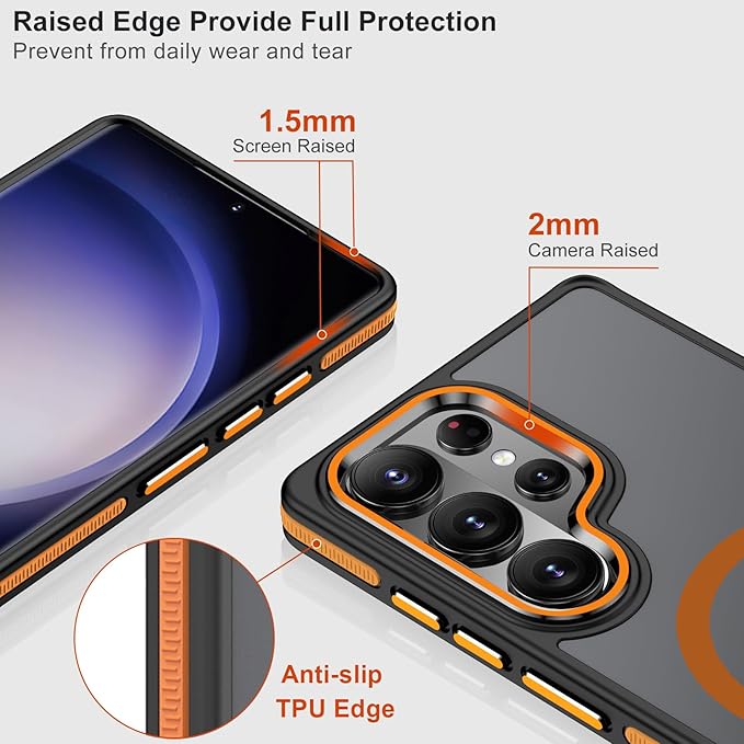 MALEWOLF Case for Samsung Galaxy S26 Ultra, Translucent Matte Cover Compatible with Magsafe, Military Grade Drop Resistant, Color Hybrid Non-Slip Phone Case for Galaxy S26 Ultra (Black/Orange)