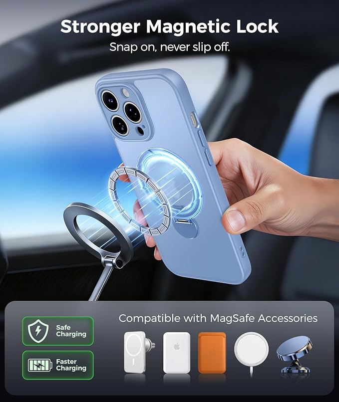 FNTCASE for iPhone 14 Pro-Max Case: [360 Spin Magnetic Stand] [Compatible with Magsafe] [Screen Protector] Translucent Matte Military Grade Shockproof Full Camera Protective Phone Cover - Light Blue