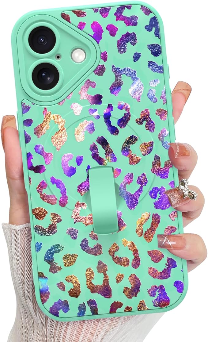 KANGHAR Compatible with iPhone 17 Case, Support for MagSafe, Silicone Cute Iridescent Leopard Cheetah Pattern, Wristband Kickstand Shockproof Protective Slim Cover for Women Girls, Green