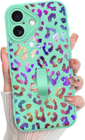 KANGHAR Compatible with iPhone 17 Case, Support for MagSafe, Silicone Cute Iridescent Leopard Cheetah Pattern, Wristband Kickstand Shockproof Protective Slim Cover for Women Girls, Green
