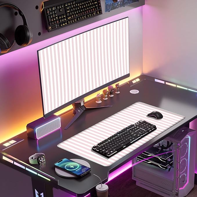 Pink Striped Desk Mat Cute Pastel Large Mouse Pad Kawaii Aesthetic Extended Mat for Home Office Desk Decor for Women Cozy Gaming Keyboard Pad 31.5 X 15.7