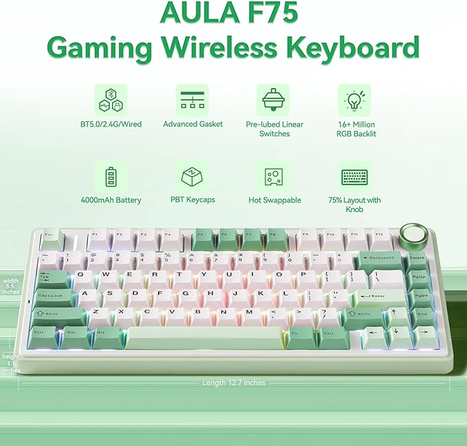 Aula F75 Gaming Keyboard, 75% Wireless Keyboards RGB Backlit with Knob, Tri-Mode Hot Swappable Mechanical Keyboard for PC Gamer - Green