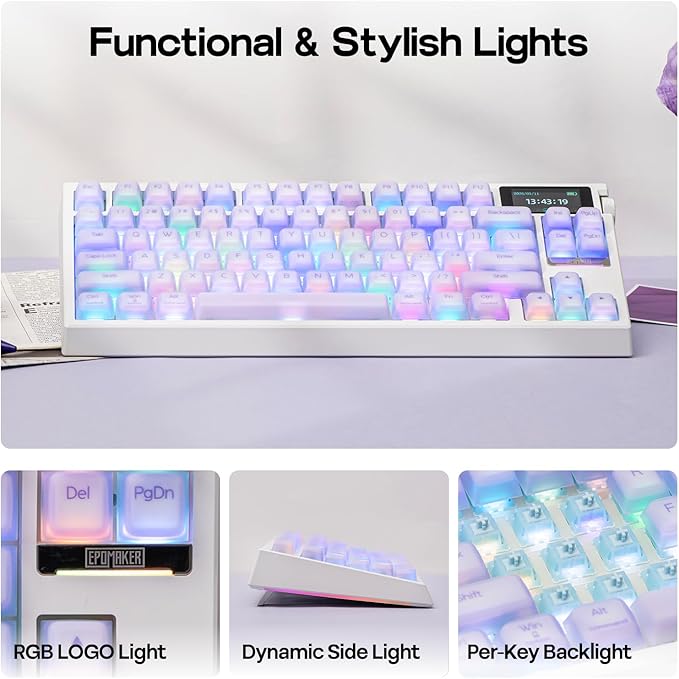 EPOMAKER G84 PRO Wireless Gaming Keyboard with Screen&Knob, 75% Creamy Mechanical Keyboard, 8000mAh, Hot Swappable, Silicone Keycaps, BT5.0/2.4G/USB-C Mode, NKRO, RGB (Purple, Creamy Jade Switch)