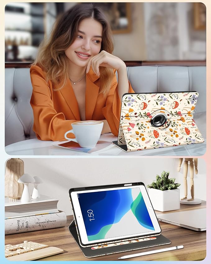 Kidcube for iPad Air 3rd Generation Case/Pro 10.5 Inch Case - Women Girls Kids Cute Rotating Stand Folio Cover with Pencil Holder & Card Slot Mushroom Flowers Design Cover for iPad Pro 10.5''/Air 3rd