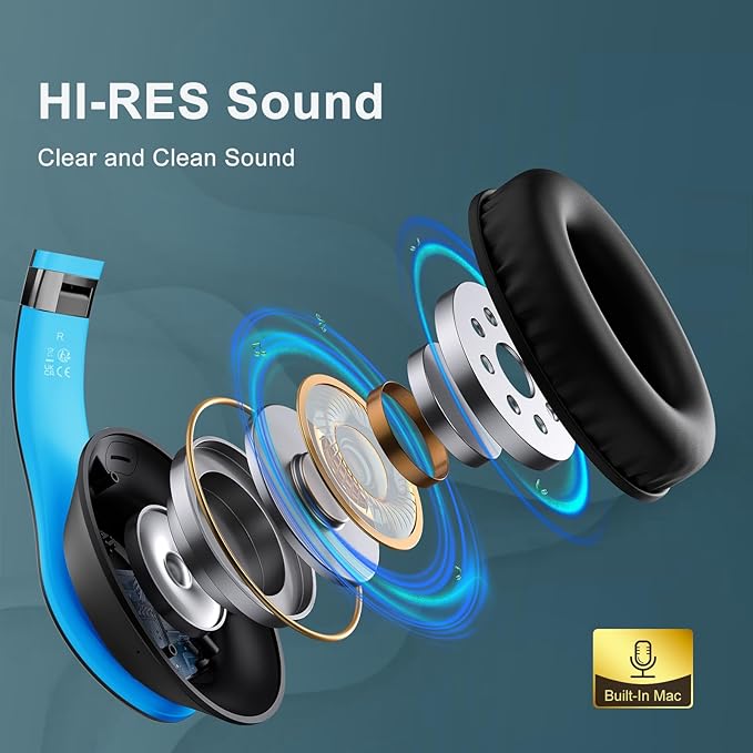 Wireless Bluetooth Headphones Over Ear 65H Playtime HiFi Stereo Headset with Microphone and 6EQ Modes Foldable Bluetooth V6.0 Headphones for Travel Smartphone Computer Laptop