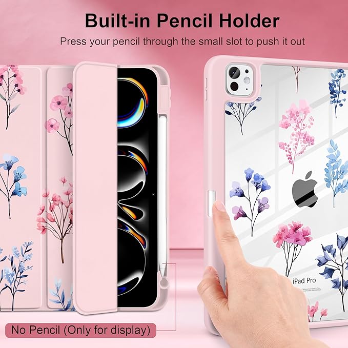 Case for iPad Pro 13 inch (M5) 2025 (M4) 2024 Release Slim Lightweight Cute Light Pink Cover with Clear Back TPU Edge Pencil Holder Trifold Stand, Hand-Drawn Florals