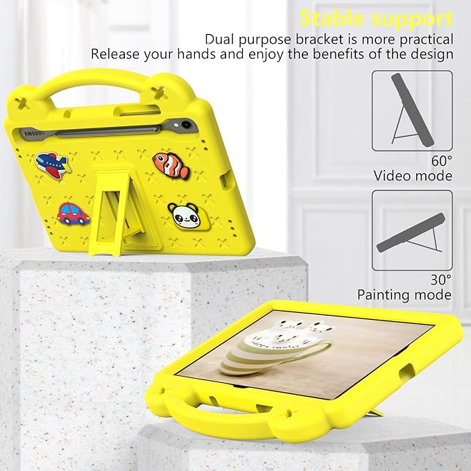 AKABEILA Compatible with Samsung Galaxy Tab S10 FE 2025 Tablet Case, Kids Friendly Universal Lightweight Shockproof Protective Case with Shoulder Strap & Stand Handle Yellow