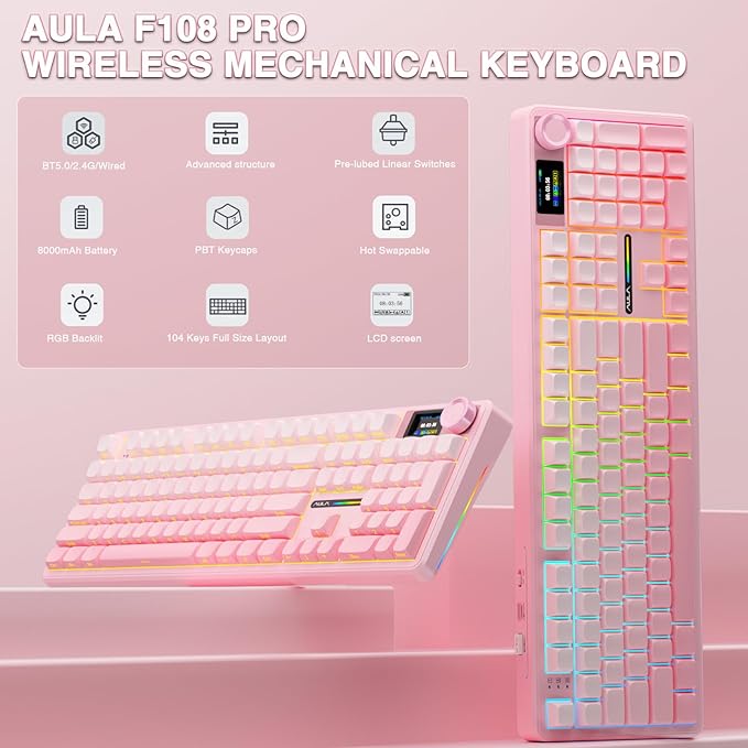 AULA F108 PRO - Wireless Mechanical Keyboard with Screen & Knob,Full Size Keyboard with 8000mAh Battery,Pre-lubed Switches,Side Printed PBT Keycaps,RGB Backlit Hot Swappable Custom Pink Keyboards