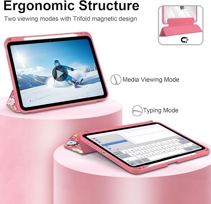 Case for iPad Pro 11 inch (M5) 2025 (M4) 2024 Release Slim Lightweight Cute Hot Pink Cover with Clear Back TPU Edge Pencil Holder Trifold Stand, Giraffe