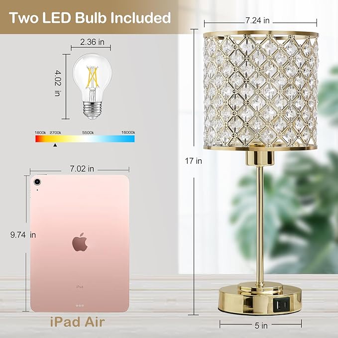 GyroVu Crystal Table Lamp for Bedroom, Touch Control Bedside Lamp with USB-C+A Ports, Dimmable Gold Bedside Lamp with Bulb, Nightstand Lamp Modern Light for Living Room