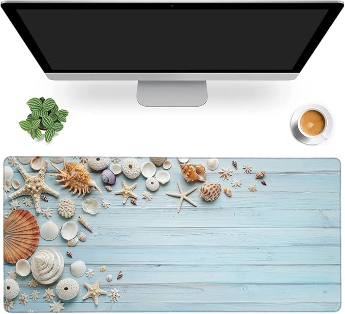 Shells on Blue Wood Large Mouse Pad Extended Gaming Mouse Pad Waterproof Desk Mat with Stitched Edge,Non Slip Base Keyboard Mouse pad for Home Office 35.4" X 15.7"