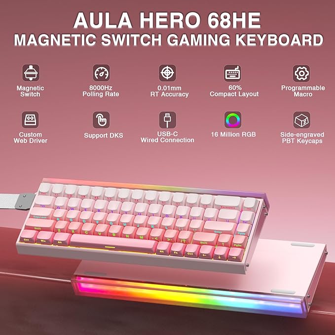 AULA Hero 68 HE 60% Wired Gaming Keyboard, Hall Effect Magnetic Switch Keyboard with Adjustable Actuation, Fast Trigger Mode, 8K Hz Polling Rate, 0.125ms Latency,RGB Backlit, Side Printed PBT Keycaps