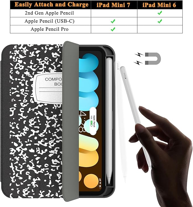 Soke Case for iPad mini 7(A17 Pro) 2024/iPad Mini 6 2021 8.3 inch with Pencil Holder-[Pencil Charging + Auto Wake/Sleep], Soft TPU Back Cover for iPad mini 7th/6th Generation(Book Black)