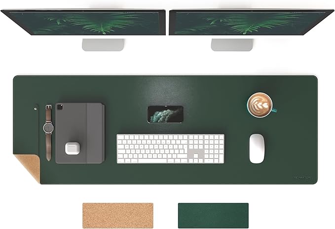 RENMTURE Dual-Sided Mouse Pad, Natural Cork & PU Leather Large Desk Pad for Office and Home Work, Desk Protector Non-Slip, Waterproof, Easy Clean (Dark Green, 47"x17")