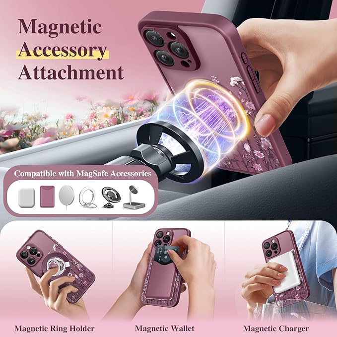 GVIEWIN for iPhone 16 Pro Max Case Compatible with MagSafe, [Military Grade Protection] [Screen Protector] Full Camera Protection Floral Translucent Women Magnetic Phone Case, Floratopia/Burgundy