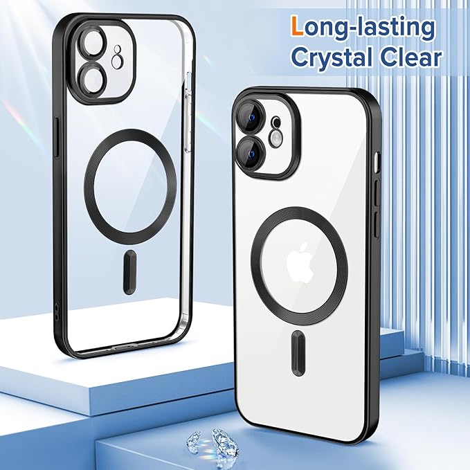 Hython Magnetic Clear for iPhone 12 Case with Camera Lens Protector [Compatible with MagSafe] Luxury Plating Edge Slim Soft TPU Cover Protective Phone Case for iPhone 12 6.1", Matte Black