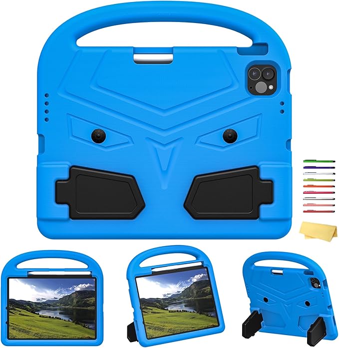 Kids Case for Apple iPad Pro 11 inch M5/M4 Tablet (2025/2024) with Pencil Holder/Handle/Kickstand Slim Lightweight Cute Soft EVA Foam Shockproof Stand Cover for Boys Girls Teens, Blue Bird