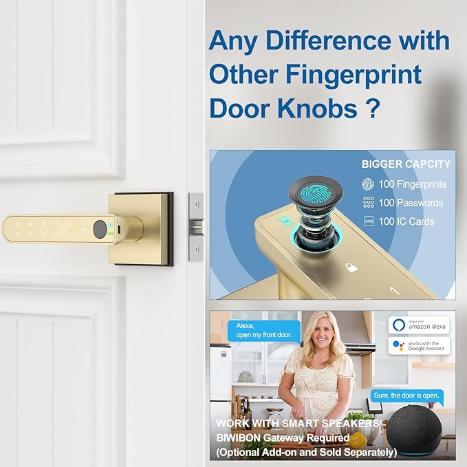 BIWIBON Fingerprint Door Lock, 5 in 1 Finger Print Door Knob with Smart APP/Fingerprint/IC Cards/Password/Backup Keys, Smart Door Knob with Keypad for Bedroom, Office, Apartment, Gold