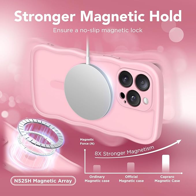 CAPRARO Cute for iPhone 14 Pro Case, Compatible with MagSafe, [Curly Wave Edge] [Full Camera Protection] [14 FT Drop Protection] Magnetic Phone Case for 14 Pro 6.1 Inch, Peach Pink