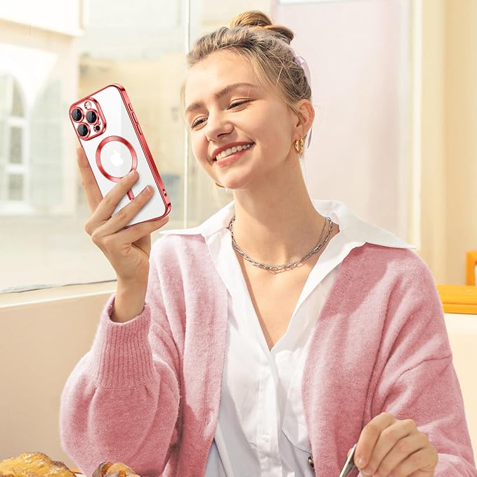 Hython Magnetic Clear for iPhone 16 Pro Max Case with Camera Lens Protector [Compatible with MagSafe] Plating Edge Slim Soft TPU Cover Protective Phone Case for iPhone 16 Pro Max 6.9", Red