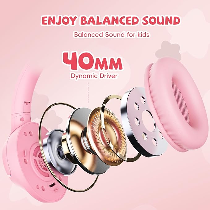 Kids Headphones with Microphone for School, 85/94 dB Volume Limit, Wired Over Ear Girls Headphones for Kids with Stereo Sound 3.5mm Wired Cord for Kindle Tablet Airplane Travel, Pink