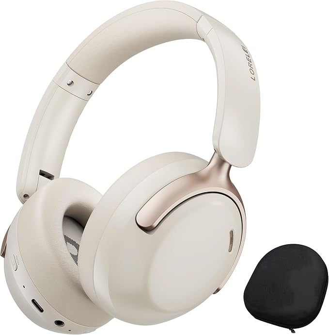 LORELEI QC30 Hybrid Active Noise Cancelling Headphones,Over-Ear Wireless Bluetooth,Beige Protein Leather, Active Noise Control & Transparency Mode,Deep Bass, Built-in Mic