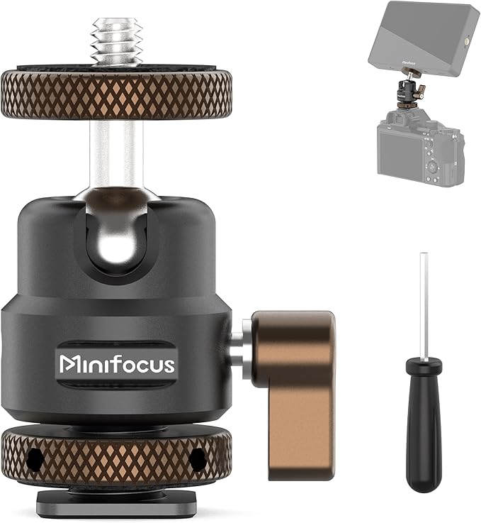 MINIFOCUS Metal Ball Head Camera Mount 360 Rotating with 1/4" Screw and Cold Shoe Adapter, 11lbs/5kg Load for 1/4" Tripod, Monopod, DSLR, Flash, Cell Phone Holder, Action Camera