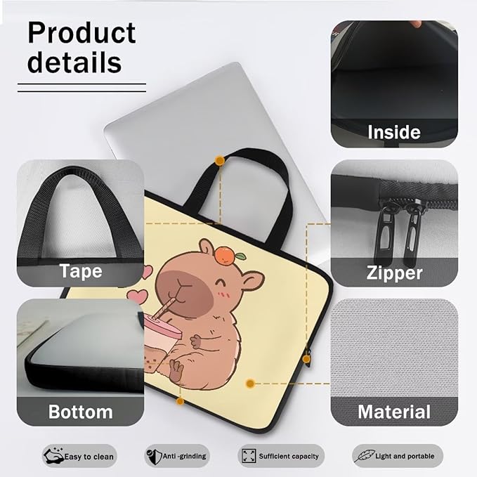 12 Inch Capybara Bubble Tea Laptop Sleeve, Protective Tablet Case with Handle, Water Resistant Zipper Computer Bag Carrying Case Notebook Cover Messenger Briefcase for Women