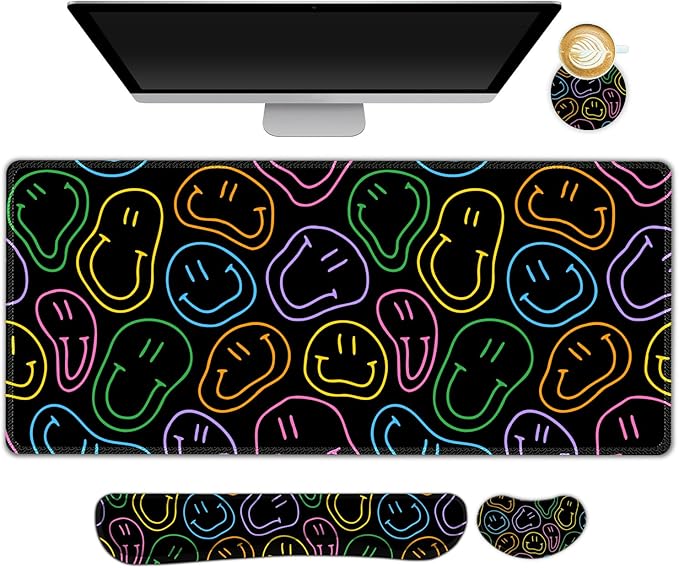 Large Gaming Mouse Pad Set, 4 in 1 Extended Keyboard Desk Mat with Wrist Rest, Computer Game Mousepad, Non-Slip Desk Pad Protector Easy Typing Pain Relief for Home Office I Black Retro Hippie