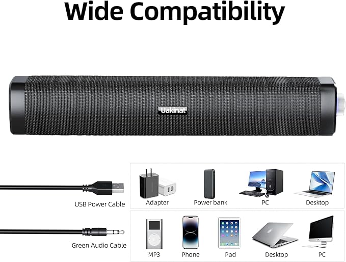 Uakinat USB Computer Speakers,Computer Speakers with 3.5 mm aux,Wired USB Powered & Colorful LED Lights with Switch Button,Surround Sound Portable SoundBar for Monitor Laptop Phone(Black)