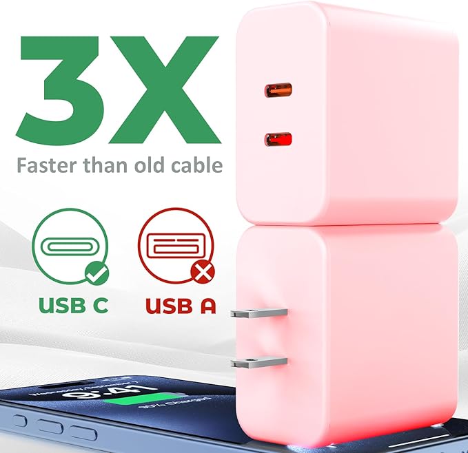 USB C Charger Block, 40W Dual Port Fast Charger 20W Type C Charging Block 3.1A USB Wall Charger Dual Port PD+QC Charging Cube for iPhone 15 16 14 13 12 11 Pro Max XS, iPad, Samsung Phone-Pink